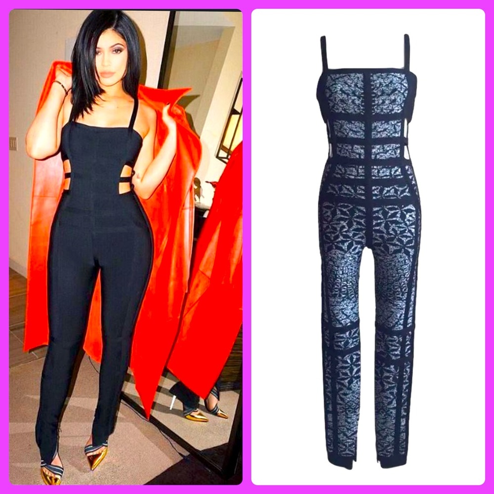 HERVE LEGER $2090 Yuna Black Gray Sundial Print Bandage Jumpsuit size SMALL.
